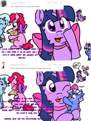 Size: 900x1200 | Tagged: safe, artist:justagirlonline, derpibooru import, pinkie pie, trixie, twilight sparkle, oc, earth pony, pony, ask cute twinkie pie, boop, female, lesbian, magical lesbian spawn, offspring, parent:trixie, parent:twilight sparkle, parents:twixie, shipping, twinkie, twixie