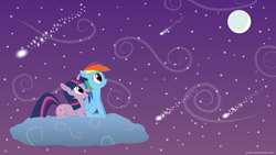 Size: 8000x4500 | Tagged: safe, artist:joey, derpibooru import, rainbow dash, twilight sparkle, pegasus, pony, absurd resolution, cloud, female, lesbian, meteor shower, moon, night, shipping, shooting stars, stars, twidash