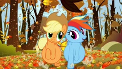 Size: 1024x576 | Tagged: safe, artist:voreediter, edit, edited screencap, screencap, applejack, rainbow dash, earth pony, pegasus, pony, fall weather friends, big belly, predajack, preddash, running of the leaves, vore