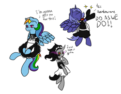 Size: 946x735 | Tagged: safe, artist:thepiplup, king sombra, princess luna, rainbow dash, alicorn, pegasus, pony, adorkable, bipedal, blushing, clothes, crossdressing, cute, doodle, dork, dress, eyes closed, frown, glare, maid, socks, sparkles, spread wings, unamused