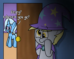 Size: 1161x929 | Tagged: safe, artist:techreel, derpibooru import, derpy hooves, trixie, pony, accessory theft, bubbly friendship, cape, clothes, cute, hat, trixie's cape, trixie's hat