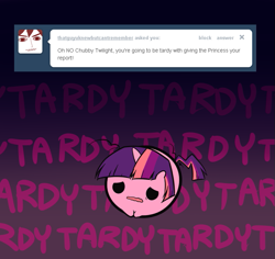 Size: 735x694 | Tagged: safe, artist:pekou, derpibooru import, twilight sparkle, ask my little chubbies, ask, chubbie, cute, tardy, twilight snapple