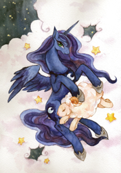 Size: 900x1278 | Tagged: safe, artist:akasou, princess luna, alicorn, pony, sheep, traditional art, watercolor painting