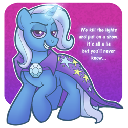 Size: 500x500 | Tagged: safe, artist:little-rainbird, derpibooru import, trixie, pony, unicorn, female, grin, homestuck, kill the lights, mare, smiling, solo