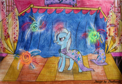 Size: 1024x703 | Tagged: safe, artist:thehardy, derpibooru import, trixie, pony, unicorn, female, fireworks, mare, solo, stage