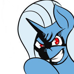 Size: 1000x1000 | Tagged: safe, artist:fauxsquared, derpibooru import, edit, trixie, pony, unicorn, evil, evil grin, female, grin, mare, reaction image, solo