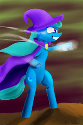 Size: 730x1095 | Tagged: safe, artist:silentgodofdeath, derpibooru import, trixie, pony, unicorn, bipedal, cape, clothes, female, grin, hat, magic, mare, smiling, solo, trixie's cape, trixie's hat