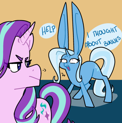 Size: 1511x1517 | Tagged: safe, artist:/d/non, derpibooru import, starlight glimmer, trixie, pony, unicorn, 30 minute art challenge, bunny ears, dialogue, duo, female, impossibly large ears, magic bunny ears, mare, open mouth, unamused