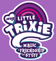 Size: 1000x1078 | Tagged: safe, artist:dstears, derpibooru import, edit, trixie, all bottled up, logo, logo edit, my little pony logo, my little x, no pony, parody, purple background, simple background