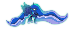 Size: 7482x3000 | Tagged: safe, artist:aqua-pony, princess luna, alicorn, pony, impossibly long hair, large wings, rainbow power, rainbow power-ified, simple background, solo, transparent background, vector, wings