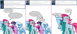 Size: 1808x800 | Tagged: safe, artist:dekomaru, derpibooru import, trixie, twilight sparkle, oc, oc:hazel lulamoon, oc:iniduoh, pony, unicorn, ask, female, lesbian, mare, rule 63, shipping, tumblr, tumblr:ask twixie, twixie