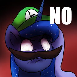 Size: 1200x1200 | Tagged: safe, artist:anticular, princess luna, alicorn, pony, ask sunshine and moonbeams, bloodshot eyes, bust, cap, cosplay, faic, female, frown, hat, luigi, luigi's death stare, luigi's hat, mare, mario kart, moustache, no, single panel, solo, super mario bros., unamused, wide eyes