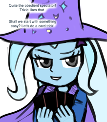 Size: 700x800 | Tagged: safe, artist:livesmutanon, derpibooru import, trixie, comic:based anon, equestria girls, /mlp/, card, colored, female, looking at you, solo, talking to viewer