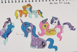 Size: 842x569 | Tagged: safe, artist:ironbrony, derpibooru import, applejack, fluttershy, princess luna, rainbow dash, rarity, trixie, twilight sparkle, alicorn, earth pony, pegasus, pony, unicorn, appledash, brush, brushing, crying, female, lesbian, shipping, traditional art, twixie