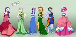 Size: 1400x681 | Tagged: safe, artist:klinanime, derpibooru import, applejack, fluttershy, pinkie pie, rainbow dash, rarity, twilight sparkle, clothes, dress, gala dress, horned humanization, humanized, mane six, winged humanization