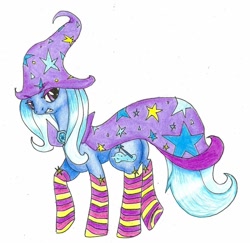 Size: 907x881 | Tagged: safe, artist:camidopchiz, derpibooru import, trixie, pony, unicorn, clothes, female, mare, socks, solo, striped socks, traditional art