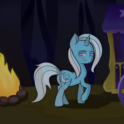 Size: 512x512 | Tagged: safe, artist:grim ponka, derpibooru import, trixie, pony, unicorn, bedroom eyes, blushing, camper, campfire, female, forest, looking at you, looking back, mare, newbie artist training grounds, night, no pupils, outdoors, raised hoof, smiling, smirk, solo