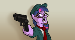 Size: 1000x541 | Tagged: safe, artist:willdrawforfood1, derpibooru import, twilight sparkle, beard, clothes, facial hair, glasses, gun, hat, nostalgia critic, solo, suit