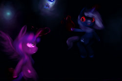 Size: 1500x1000 | Tagged: safe, artist:pipomanager-mimmi, derpibooru import, trixie, twilight sparkle, twilight sparkle (alicorn), alicorn, pony, crying, magic, red eyes