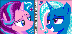 Size: 1421x680 | Tagged: safe, derpibooru import, starlight glimmer, trixie, pony, unicorn, cutie mark, just friends, looking at each other, pixel art, pixelcanvas