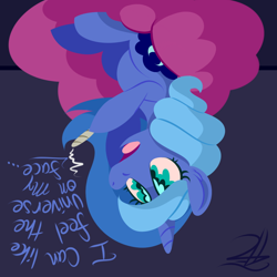 Size: 900x900 | Tagged: safe, artist:php92, princess luna, alicorn, pony, blue background, drugs, female, high, hoof hold, mare, marijuana, open mouth, s1 luna, simple background, sitting, solo, text, upside down, wingding eyes