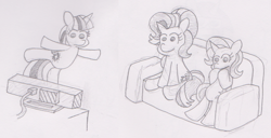 Size: 1262x646 | Tagged: safe, artist:threetwotwo32232, derpibooru import, starlight glimmer, trixie, twilight sparkle, twilight sparkle (alicorn), alicorn, pony, female, kinect, mare, monochrome, newbie artist training grounds, pencil drawing, sitting, sofa, traditional art, xbox one