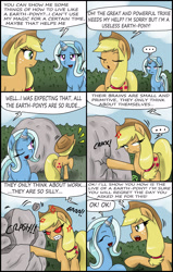 Size: 1959x3080 | Tagged: safe, artist:ciriliko, derpibooru import, applejack, trixie, earth pony, pony, comic, creeper, red eyes