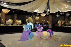 Size: 4288x2848 | Tagged: safe, artist:alexpony, artist:unfiltered-n, artist:utterlyludicrous, derpibooru import, trixie, twilight sparkle, absurd resolution, alternate hairstyle, ballroom, birthday dress, blushing, clothes, dancing, do the sparkle, dress, female, lesbian, light, ponies in real life, reflection, shipping, twixie, vector