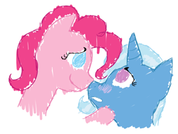 Size: 900x675 | Tagged: safe, artist:aaron amethyst, derpibooru import, pinkie pie, trixie, earth pony, pony, blushing, female, lesbian, shipping, trixiepie