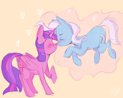 Size: 1280x1024 | Tagged: safe, artist:yerrgat, derpibooru import, trixie, twilight sparkle, twilight sparkle (alicorn), alicorn, pony, unicorn, boop, duo, female, heart, horns are touching, lesbian, levitation, magic, noseboop, shipping, simple background, solo, telekinesis, twixie