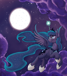 Size: 1500x1701 | Tagged: safe, artist:raunchyopposition, princess luna, alicorn, pony, cute, ethereal mane, female, flying, lunabetes, magic, mare, moon, night, smiling, solo, starry mane, stars, wings