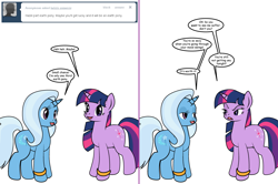 Size: 1204x800 | Tagged: safe, artist:dekomaru, derpibooru import, trixie, twilight sparkle, pony, ask, female, lesbian, ring, shipping, simple background, tumblr, tumblr:ask twixie, twixie, wedding ring, white background