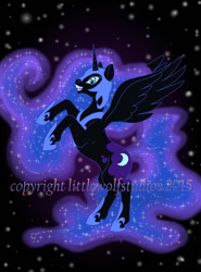 Size: 600x812 | Tagged: safe, artist:littlewolfstudios, nightmare moon, princess luna, alicorn, pony, night, solo, stars, watermark