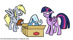 Size: 941x513 | Tagged: safe, artist:egophiliac, derpibooru import, derpy hooves, trixie, twilight sparkle, twilight sparkle (alicorn), alicorn, pegasus, pony, unicorn, background pony, box, clipboard, delivery pony, female, inconvenient trixie, mare, scrunchy face, shipping of a different kind, simple background, tumblr, tumblr:inconvenient trixie, twilight is not amused, unamused, white background, woonoggles