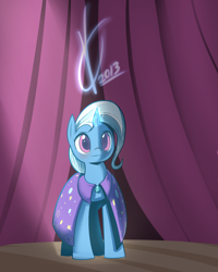 Size: 1600x2000 | Tagged: safe, artist:valcron, derpibooru import, trixie, pony, unicorn, female, hatless, mare, missing accessory, solo, spotlight, stage