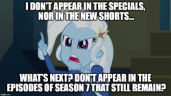 Size: 896x500 | Tagged: safe, derpibooru import, edit, edited screencap, screencap, trixie, equestria girls, angry, dialogue, image macro, meme, trixie yells at everything