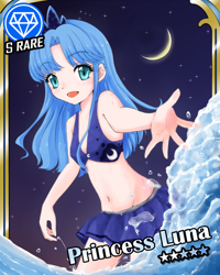 Size: 960x1200 | Tagged: safe, artist:d-tomoyo, princess luna, human, belly button, bikini, card, clothes, humanized, idolmaster, midriff, moon, solo, swimsuit, water, young