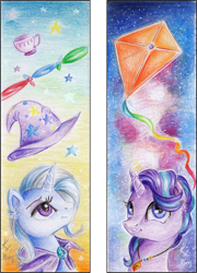 Size: 800x1112 | Tagged: safe, artist:lailyren, artist:moonlight-ki, derpibooru import, starlight glimmer, trixie, pony, unicorn, bookmark, cape, clothes, cup, duo, hat, jewelry, kite, necklace, teacup, traditional art, trixie's cape, trixie's hat