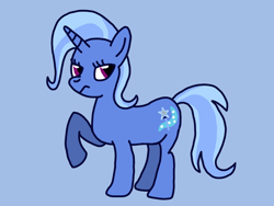 Size: 1000x750 | Tagged: safe, artist:speedy9797, derpibooru import, trixie, pony, unicorn, blue background, female, frown, looking back, mare, raised hoof, simple background, solo