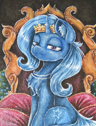 Size: 413x540 | Tagged: safe, artist:krelataiapani, derpibooru import, trixie, pony, unicorn, bored, chest fluff, crown, ear fluff, female, jewelry, lidded eyes, looking at you, mare, necklace, regalia, sitting, solo, throne, traditional art