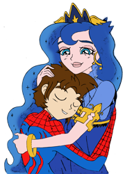 Size: 1133x1573 | Tagged: safe, artist:edcom02, artist:jmkplover, princess luna, human, equestria girls, crossover, hug, humanized, peter parker, simple background, spider-man, spiderluna, spiders and magic: rise of spider-mane, transparent background