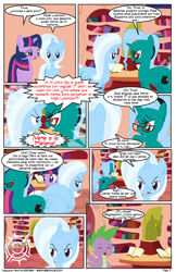 Size: 792x1224 | Tagged: safe, artist:dekomaru, artist:raimundo1941, derpibooru import, spike, trixie, twilight sparkle, oc, dragon, comic, female, golden oaks library, lesbian, shipping, spanish, twixie