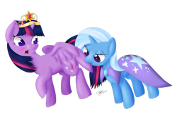 Size: 1057x755 | Tagged: safe, artist:icy wings, derpibooru import, trixie, twilight sparkle, twilight sparkle (alicorn), alicorn, pony, big crown thingy, blushing, female, lesbian, mare, preening, shipping, twixie