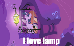 Size: 1280x800 | Tagged: safe, derpibooru import, edit, edited screencap, screencap, twilight sparkle, unicorn twilight, pony, unicorn, the ticket master, anchorman, eyes closed, female, happy, i love lamp, image macro, lamp, lantern, long neck, mare, meme, open mouth, smiling, solo, twilamp