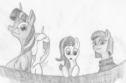 Size: 1155x765 | Tagged: safe, artist:t72b, derpibooru exclusive, derpibooru import, maud pie, starlight glimmer, trixie, twilight sparkle, pony, facehoof, laughing, monochrome, smiling, traditional art, varying degrees of want