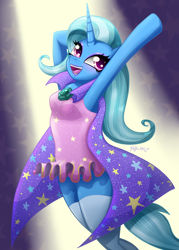 Size: 1000x1400 | Tagged: safe, artist:leffenkitty, derpibooru import, trixie, anthro, unguligrade anthro, unicorn, arm hooves, armpits, cape, clothes, eyeshadow, female, makeup, mare, smiling, solo, trixie's cape