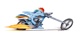 Size: 1057x554 | Tagged: safe, artist:baron engel, rainbow dash, pegasus, pony, blue coat, female, mare, motorcycle, multicolored mane, solo, traditional art