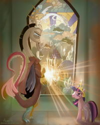 Size: 720x900 | Tagged: safe, artist:hinoraito, derpibooru import, discord, twilight sparkle, broken glass, cape, clothes, crown, light, stained glass