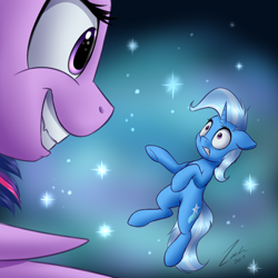 Size: 1500x1500 | Tagged: safe, artist:deltauraart, derpibooru import, trixie, twilight sparkle, twilight sparkle (alicorn), alicorn, pony, unicorn, female, grin, mare, smiling, the twilight zone, tiny