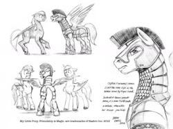 Size: 1280x950 | Tagged: safe, artist:baron engel, rainbow dash, oc, oc:firewing, oc:sky brush, pegasus, pony, female, grayscale, male, mare, monochrome, pencil drawing, royal guard, royal guard armor, stallion, traditional art